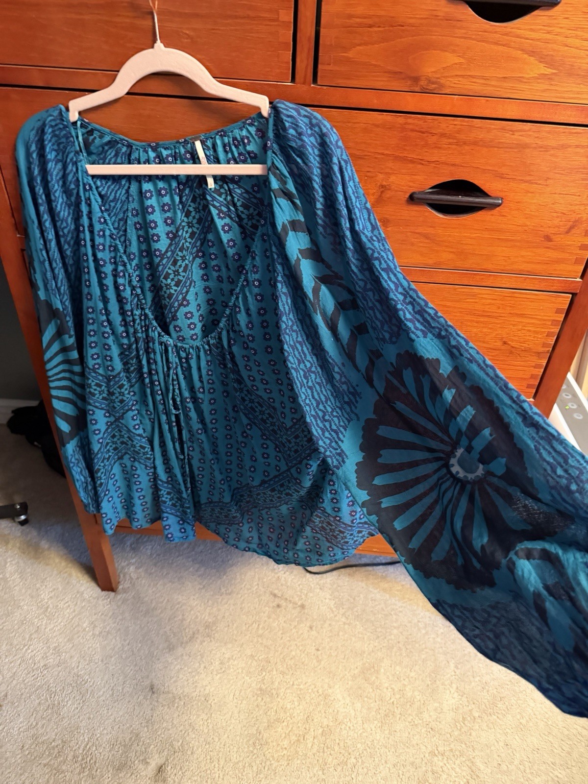 Free People Elena Top Blouse Shirt Lagoon Blue L Boho NWT $128