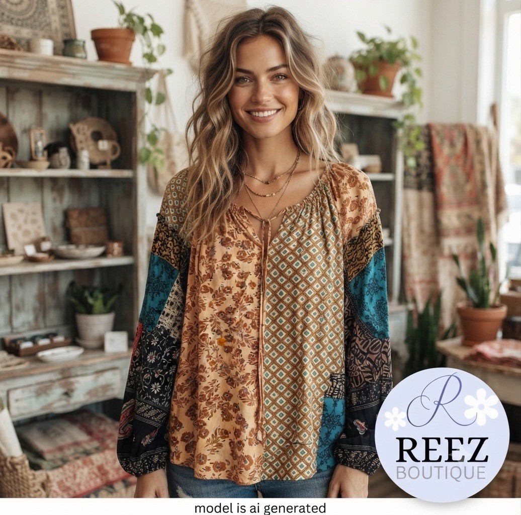 Easel Boho Patchwork Blouse Top Womens Small Floral Paisley Long Sleeve