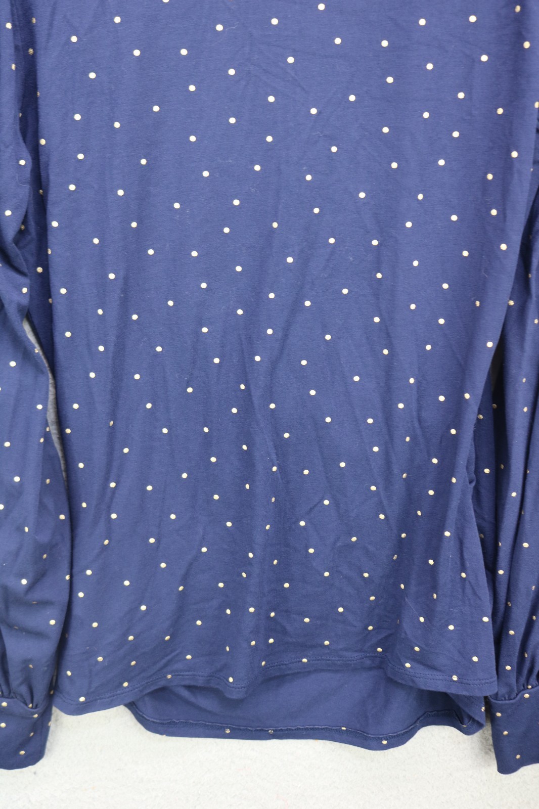 Boden Navy Blouson Sleeve Faux Wrap Top-Sz 12-Gold Polka Dots-Viscose-Whimsigoth