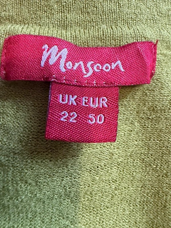Monsoon Lime Green Wool Blend Tunic Top UK 22 Soft Knit Short Sleeve