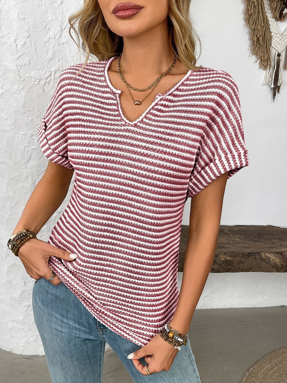 Women’s Striped Notched Short Sleeve T-Shirt
