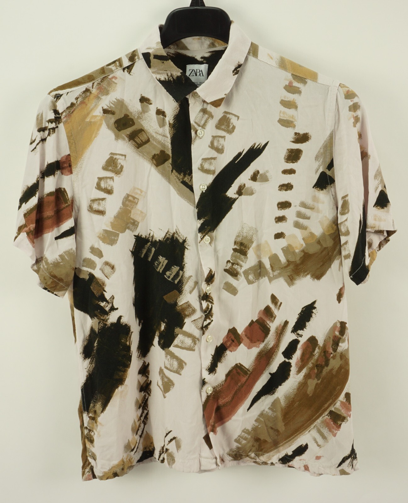 Zara Women Large Relaxed Short Sleeve Viscose Abstract Geometric Button Up Shirt