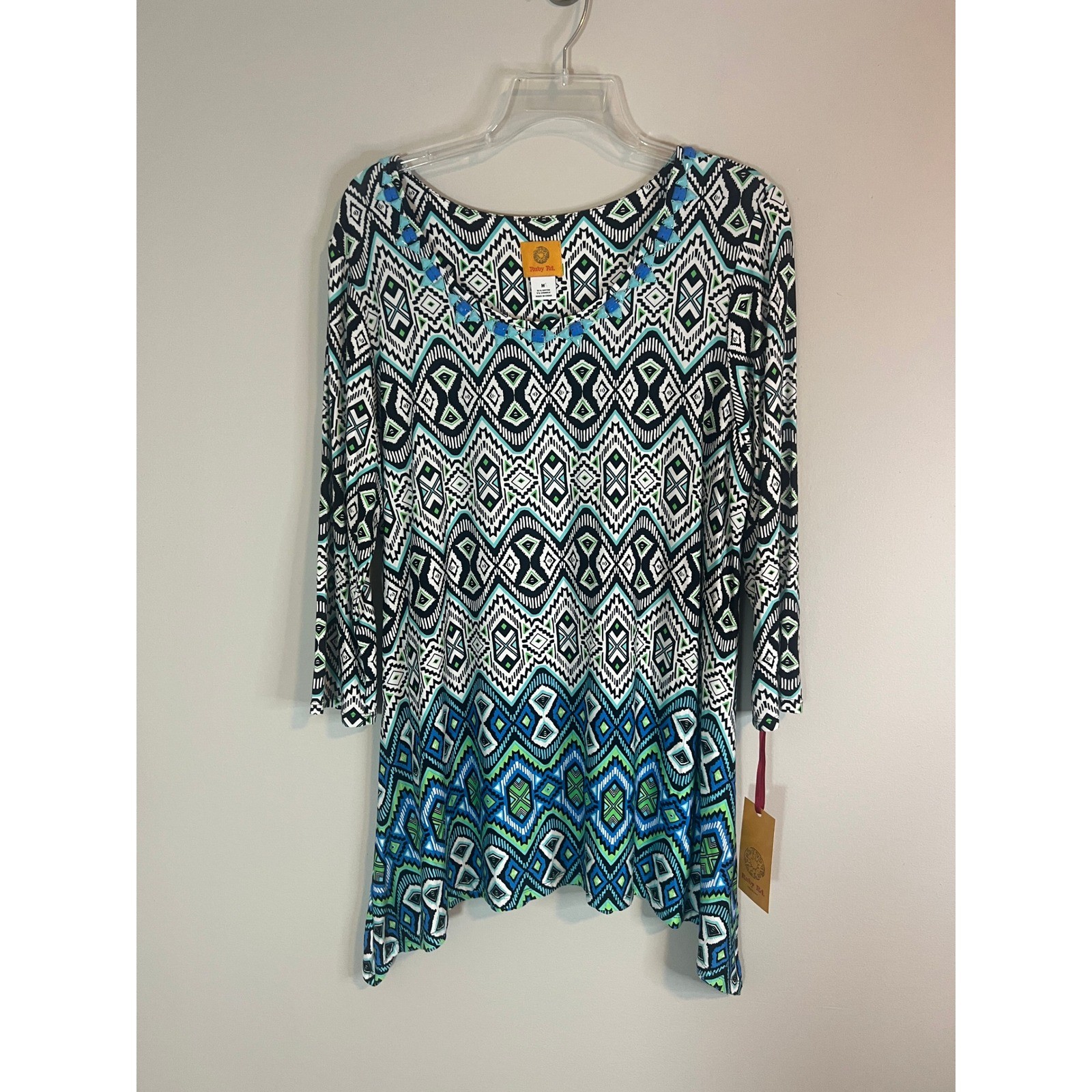 Ruby Rd Tribal Geometric Sharkbite Tunic Top Blue Green Beaded M NEW