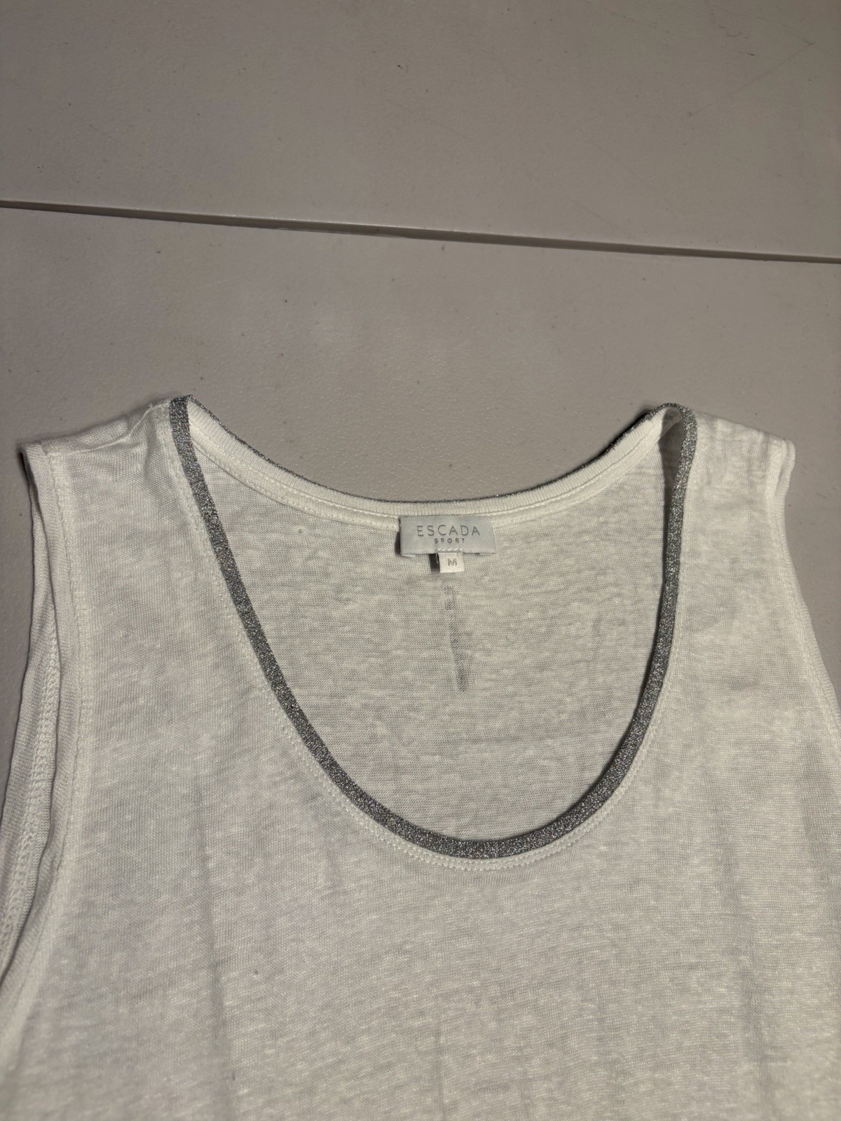 Escada Sport Shirt Women’s Medium White Silver Linen Tank Top Tee Boat Neck
