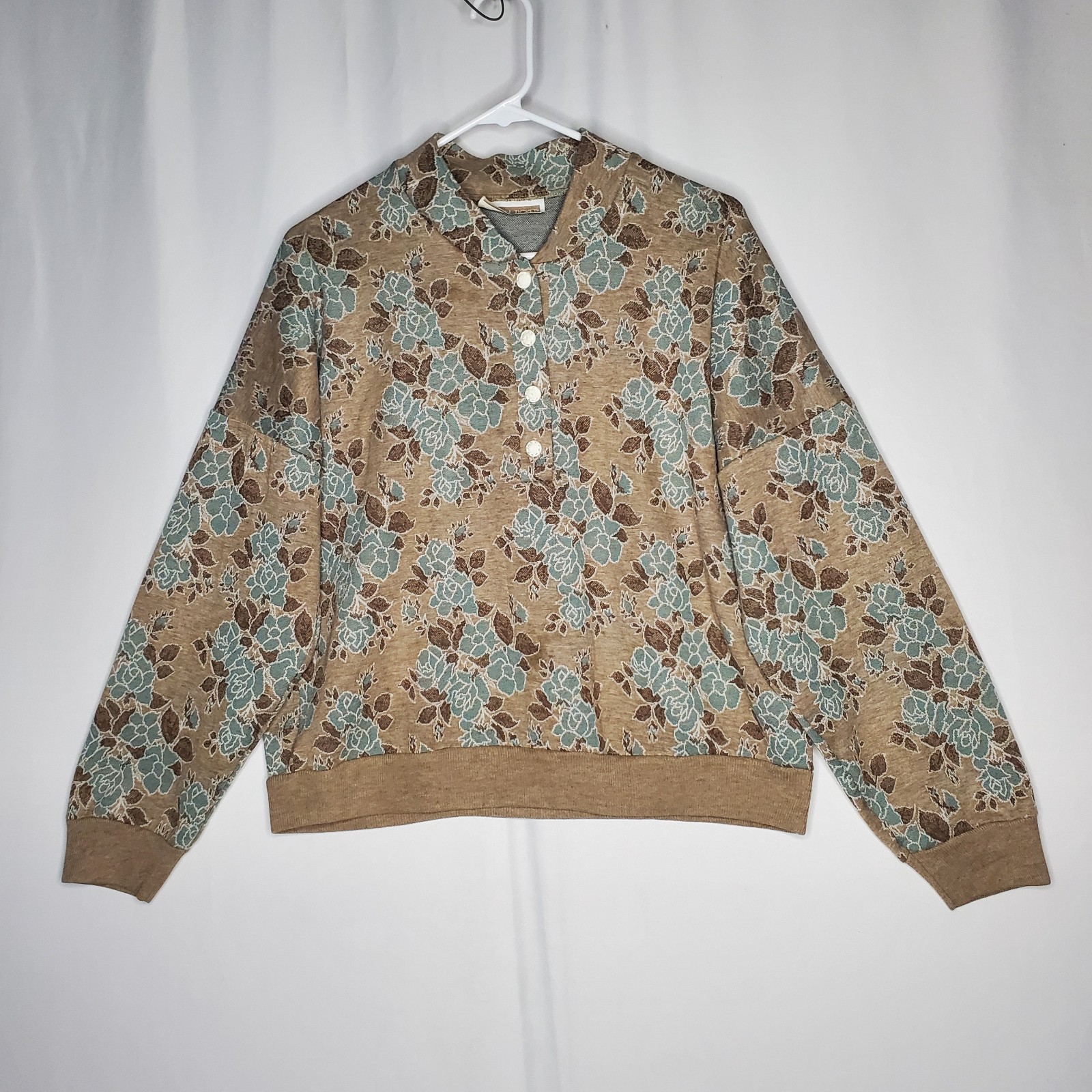 Season Ticket 80s Rose Floral Sweatshirt Button Top Women XL Romantic Grunge