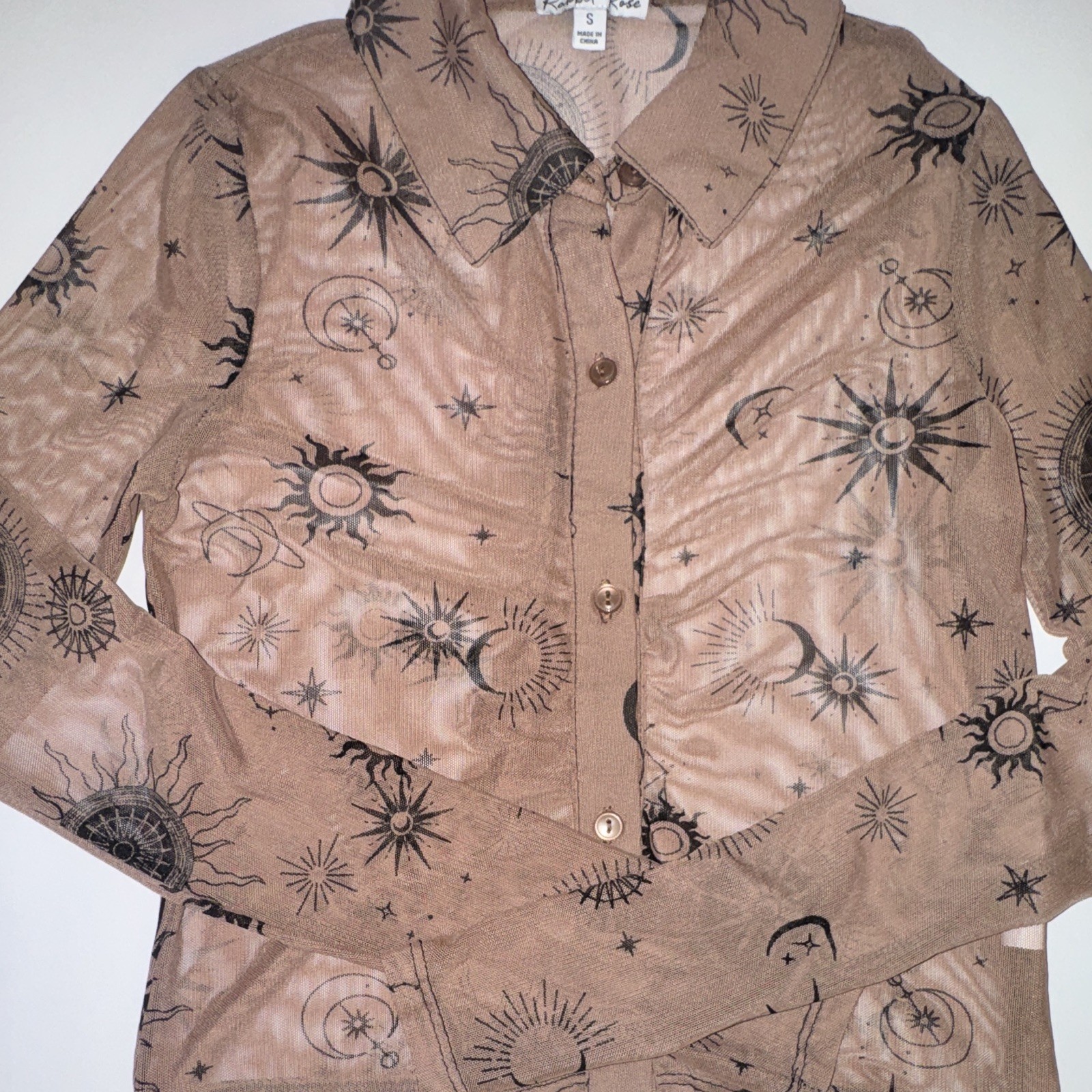 Rabbit Rose Beige Celestial Graphic Print Sheer Mesh Collared Button-Up Blouse S
