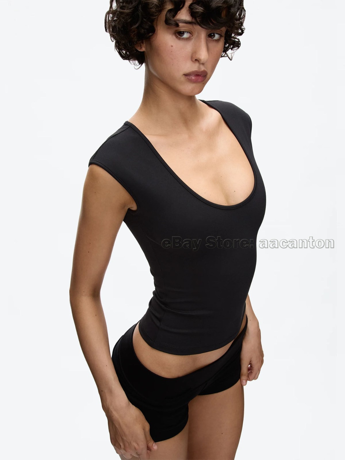 Tank Air Women Large U-neck T-shirts Tight Fit Fixed Dye High Stretch Short Top