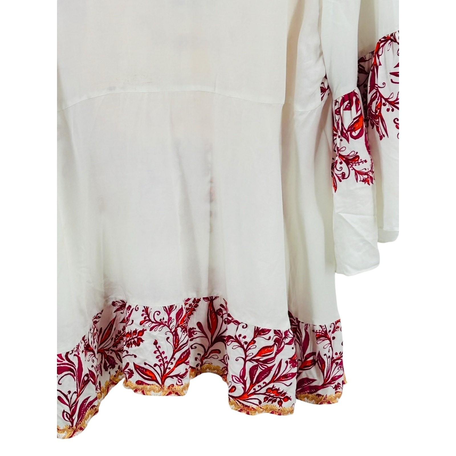 Robert Louis Boho Bell Sleeve Floral Tunic Top White Red Large