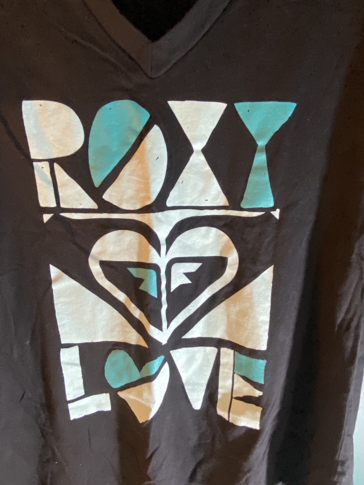 Roxy LOVE Womens XL Graphic V Neck T Shirt Hippie Boho Tee