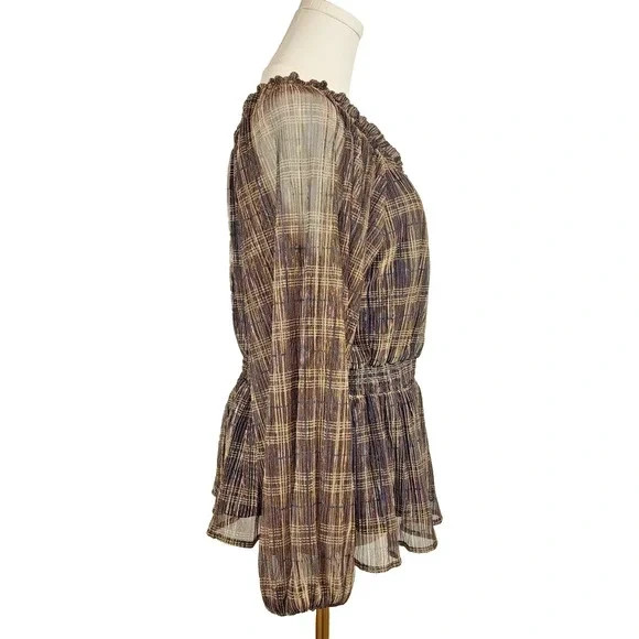 Knox Rose Large Brown Black Gold Plaid Blouse Sheer Lined Peplum Elastic Waist