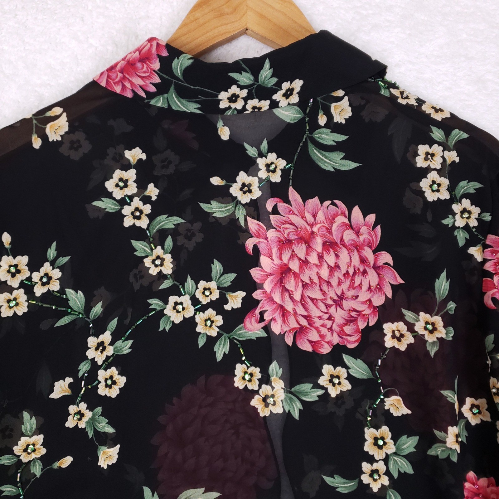 Studio I Blouse Womens 16W Black Sheer Chiffon Beaded Floral Whimsigoth Shirt
