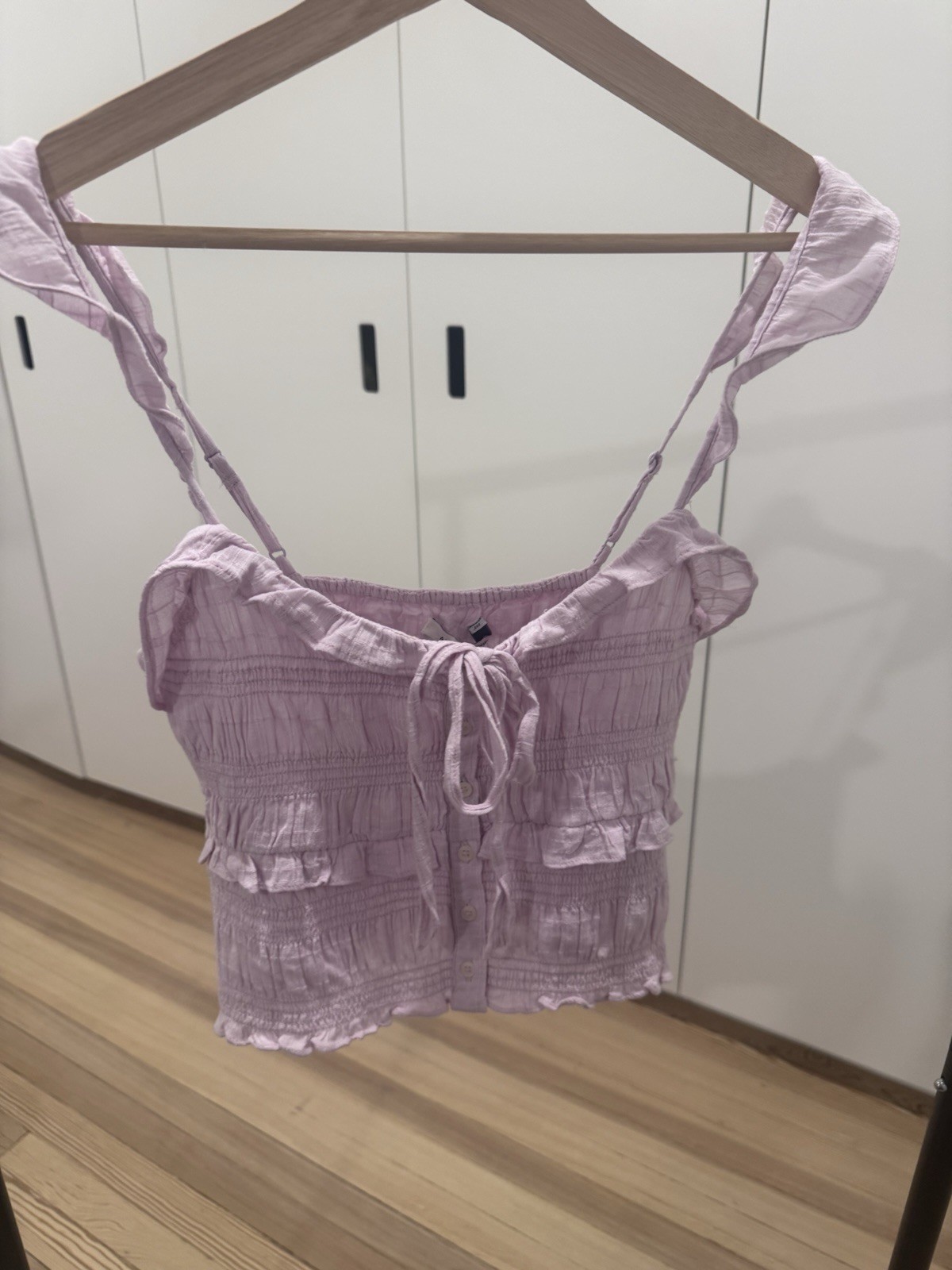American Eagle Smocked Crop Top Small NWT Pink Ruffle Button Front Cami