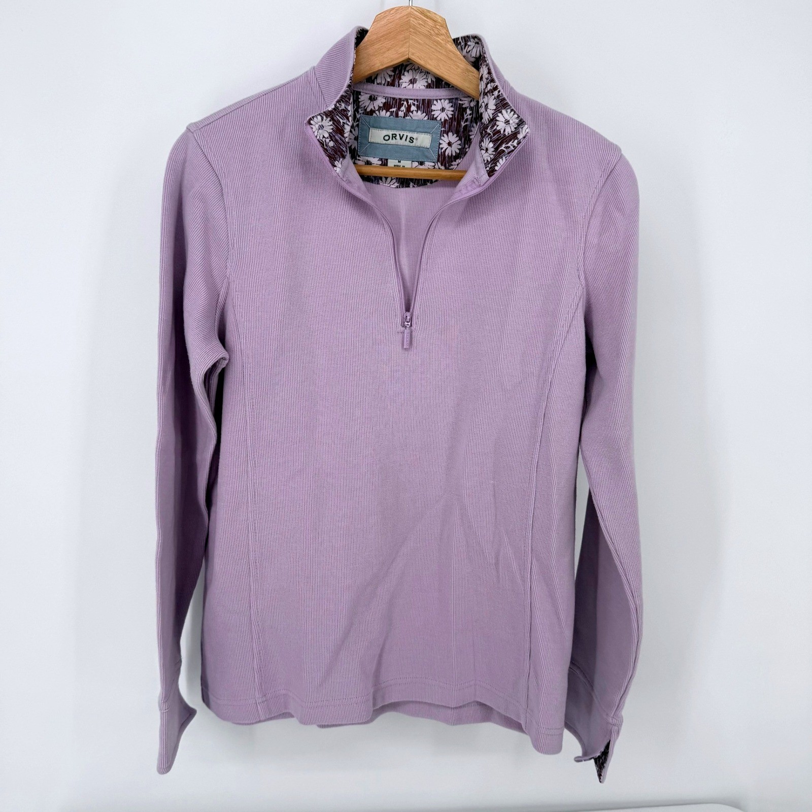 Orvis Quarter Zip Pullover Womens Medium Purple Ribbed Floral Trim Mock Neck