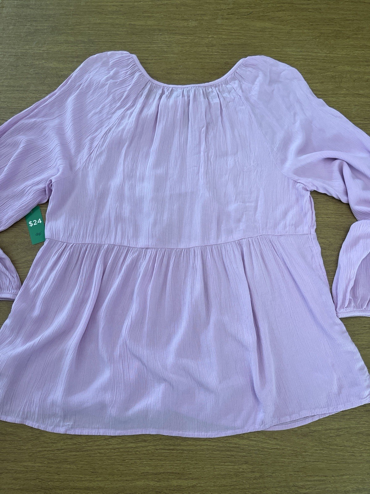 DIP Pale Lilac Lightweight Peasant Style Blouse, Tie Neckline, Long Sleeve, Sz L