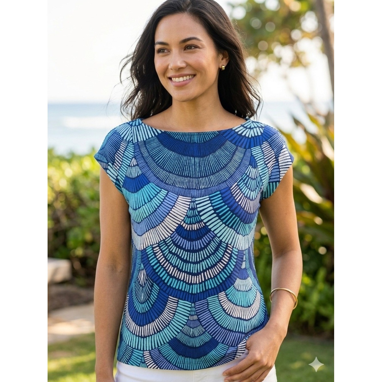 Tori Richard Honolulu Womens XS Blue Teal Fan Print Boat Neck Short Sleeve Top