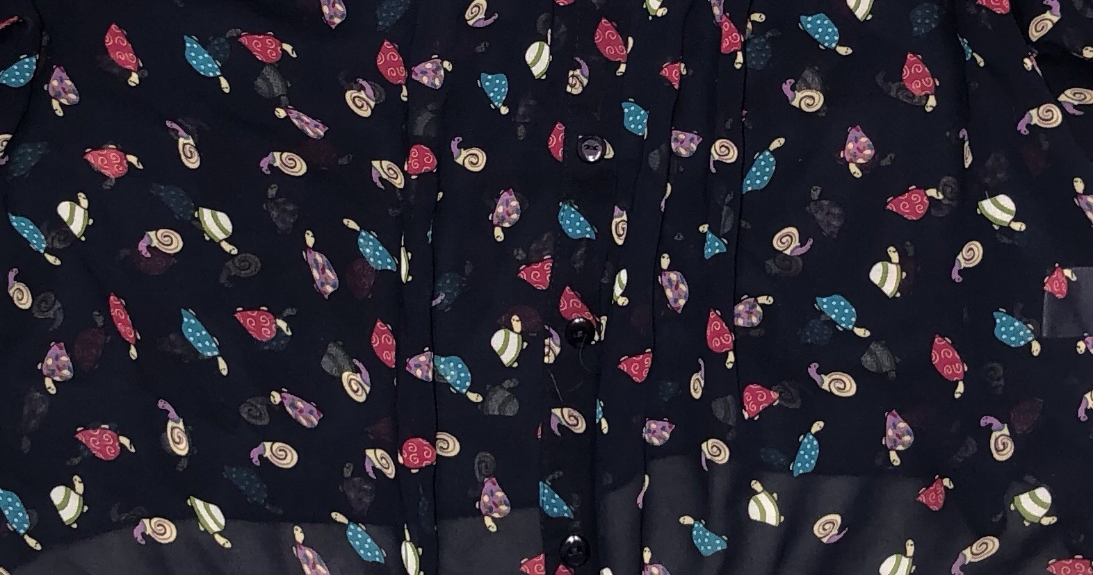 Ember Crop Top L Navy Button Up Blouse Turtles Snails Sheer Front Tie Vtg Y2K