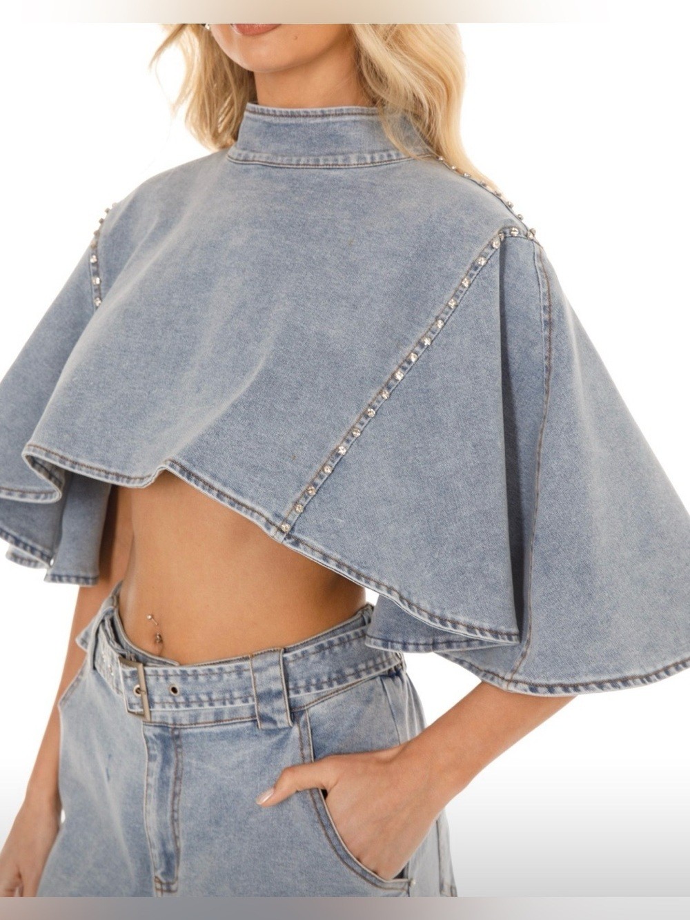Washed Denim Cape Crop Top with Mock Neck | Chic Boutique Statement Top
