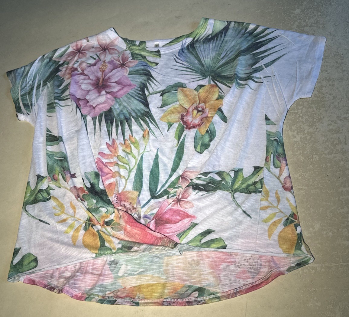 Tryst Womens Lightweight Tropical Floral Print S Sleeve Knit Top Sz M Pre-owned