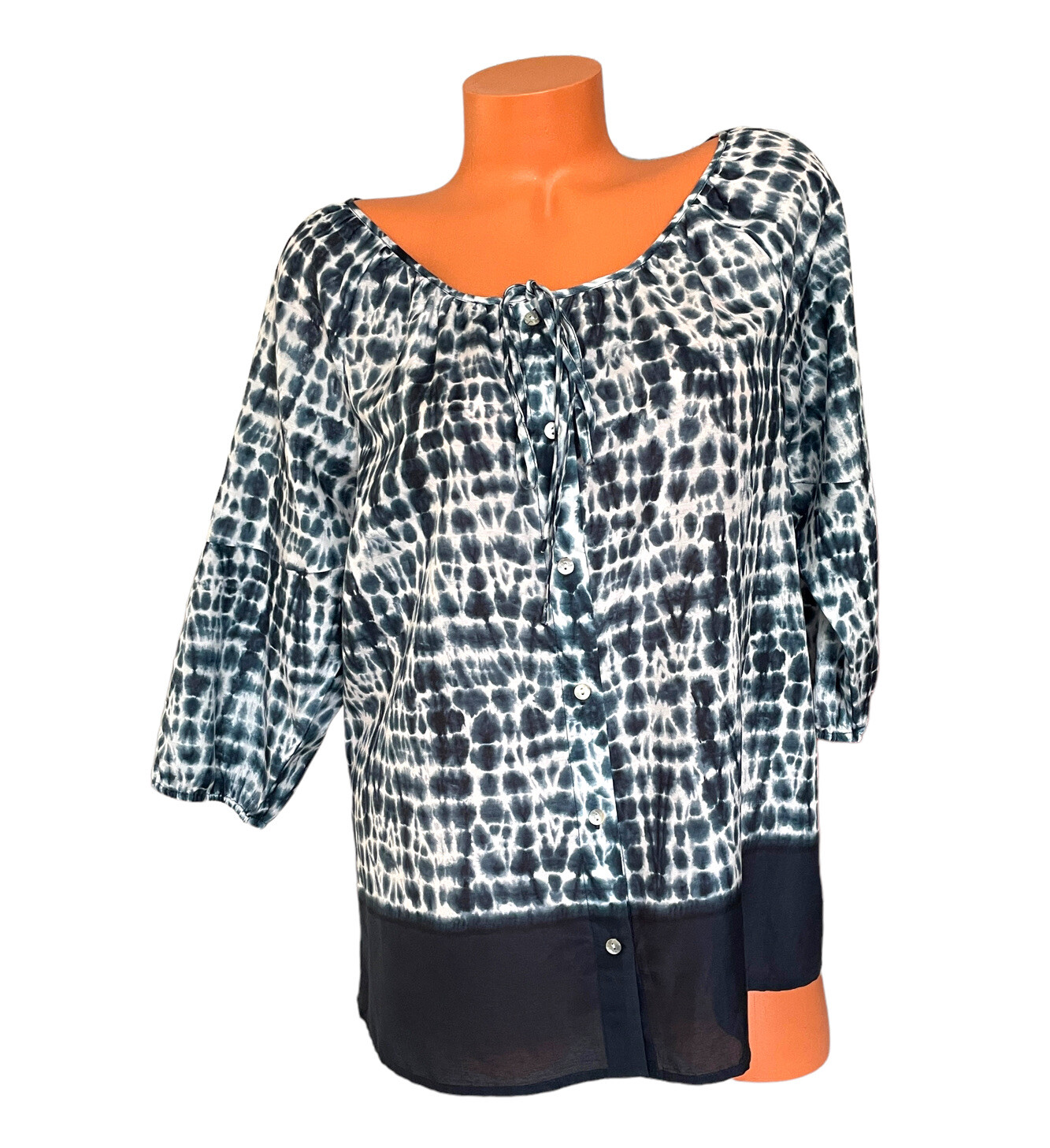 NY Collection Sz XL Blue White Tie Dyed Silk Blend 3/4 Sleeve Buttons Scoop Neck