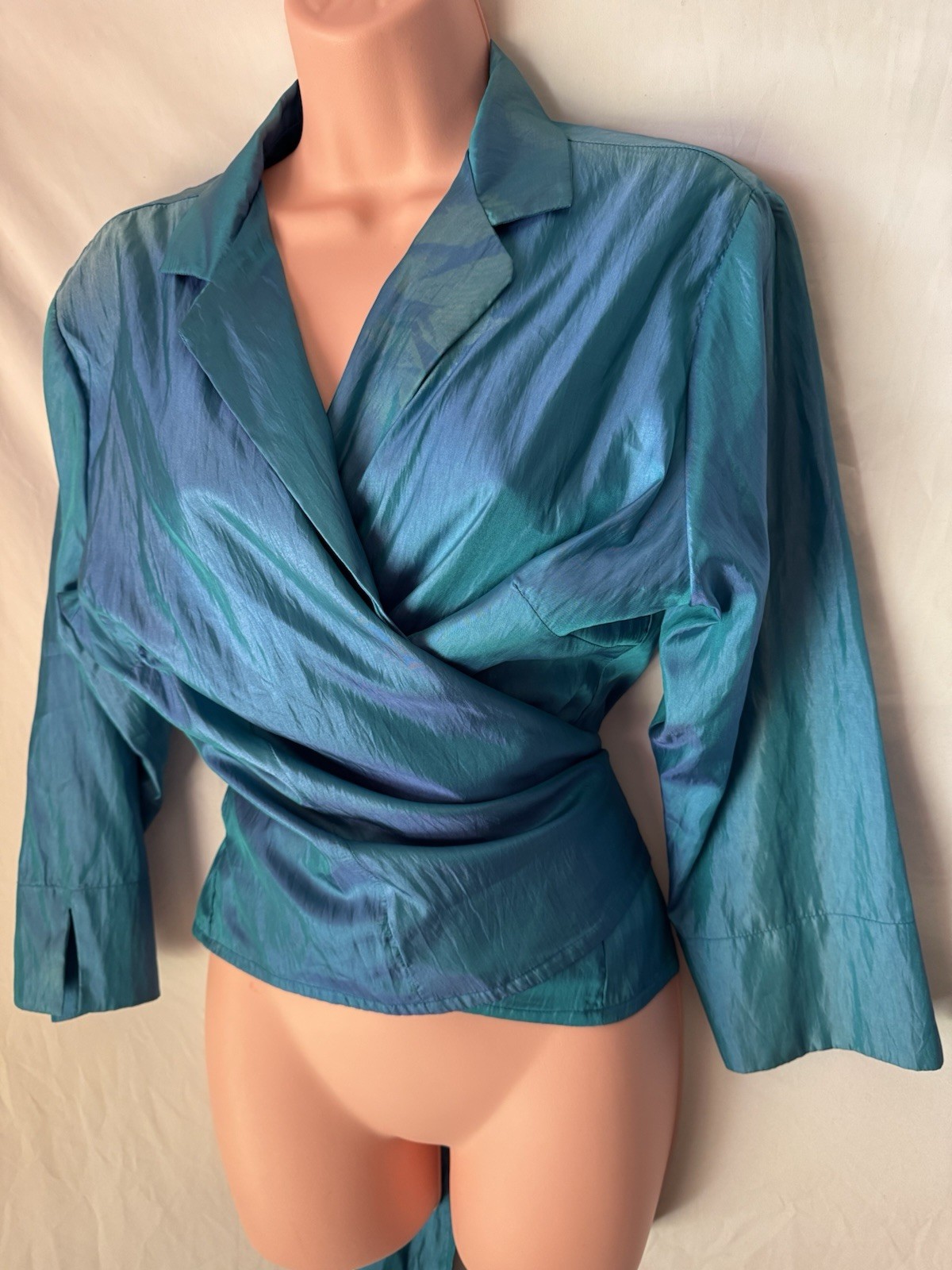 Ellen Tracy Blouse Size 16 Long Sleeve Teal Top Wrap Around