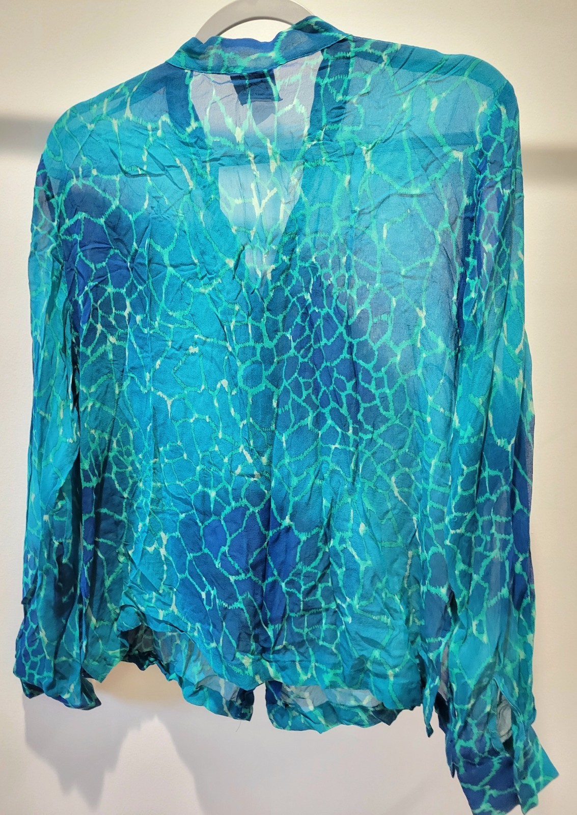 100% SILK Russell Scott Signature Sheer Button Down Blouse Water Print Blue 14