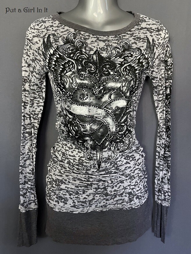 USA New VOCAL Womens BLACK CRYSTAL HEART WINGS BURNOUT RHINESTONE SHIRT S M L