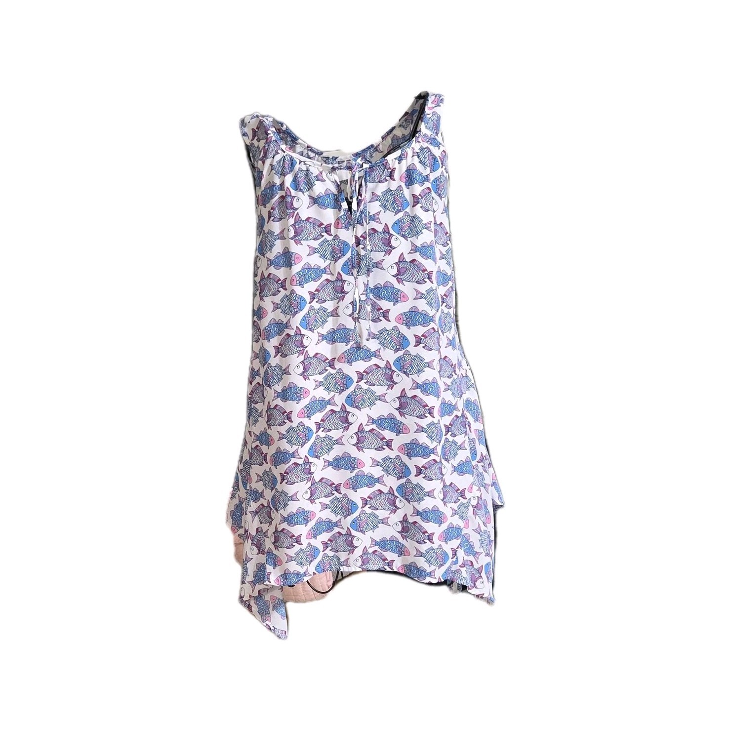 C Women’s L White Blue Pink Fish Print Tunic Round Neck Sleeveless Pullover Tie