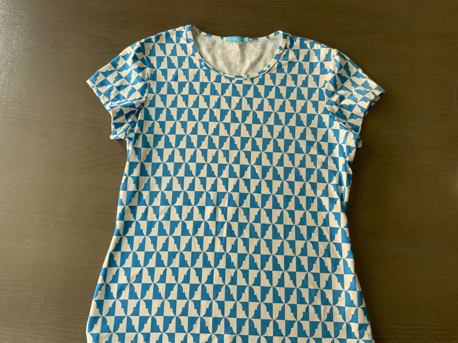 J McLaughlin Top Womens Med Blue/Wh Short Sleeve Geometric Classic Preppy Resort