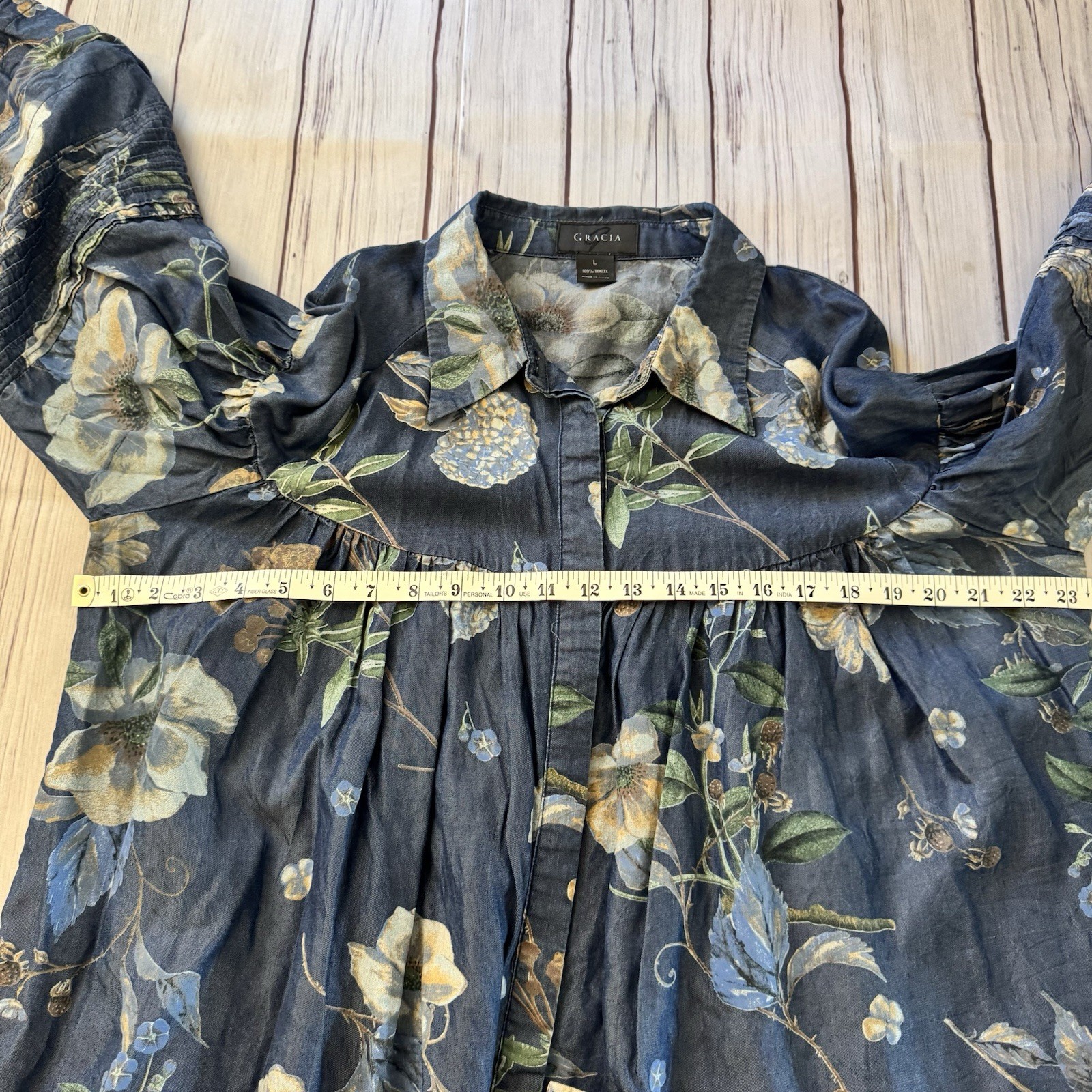 Gracia Floral Tencel Boho Peasant Blouse Pintuck Balloon Sleeve Women Large