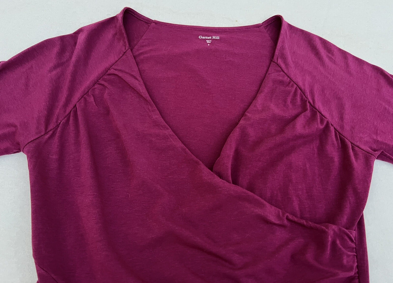 Garnet Hill Maroon Blouson Mock Wrap Jersey Knit Top Blouse Women’s Sz Small