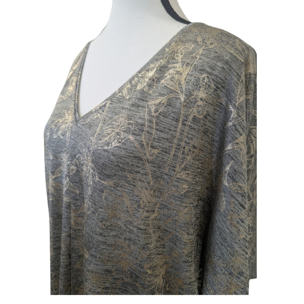 Metallic Foil Dolman Top | WHBM Gold Floral V-Neck Soft Knit Blouse M NWT