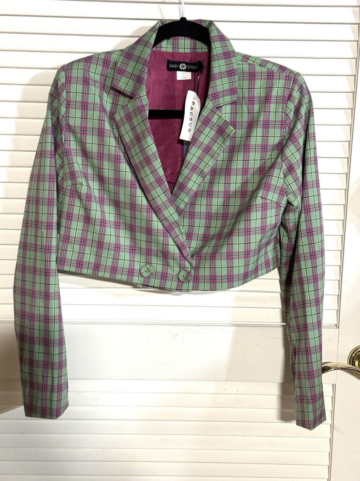 Daisy Street Blazer Pink Green Plaid Size XS Satin Lined Cropped Women NWT