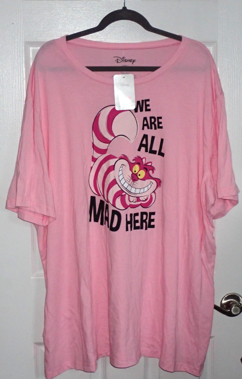 Disney Woman’s 4X “We Are All Mad Here” Pink Graphic Tee Alice In Wonderland Cat