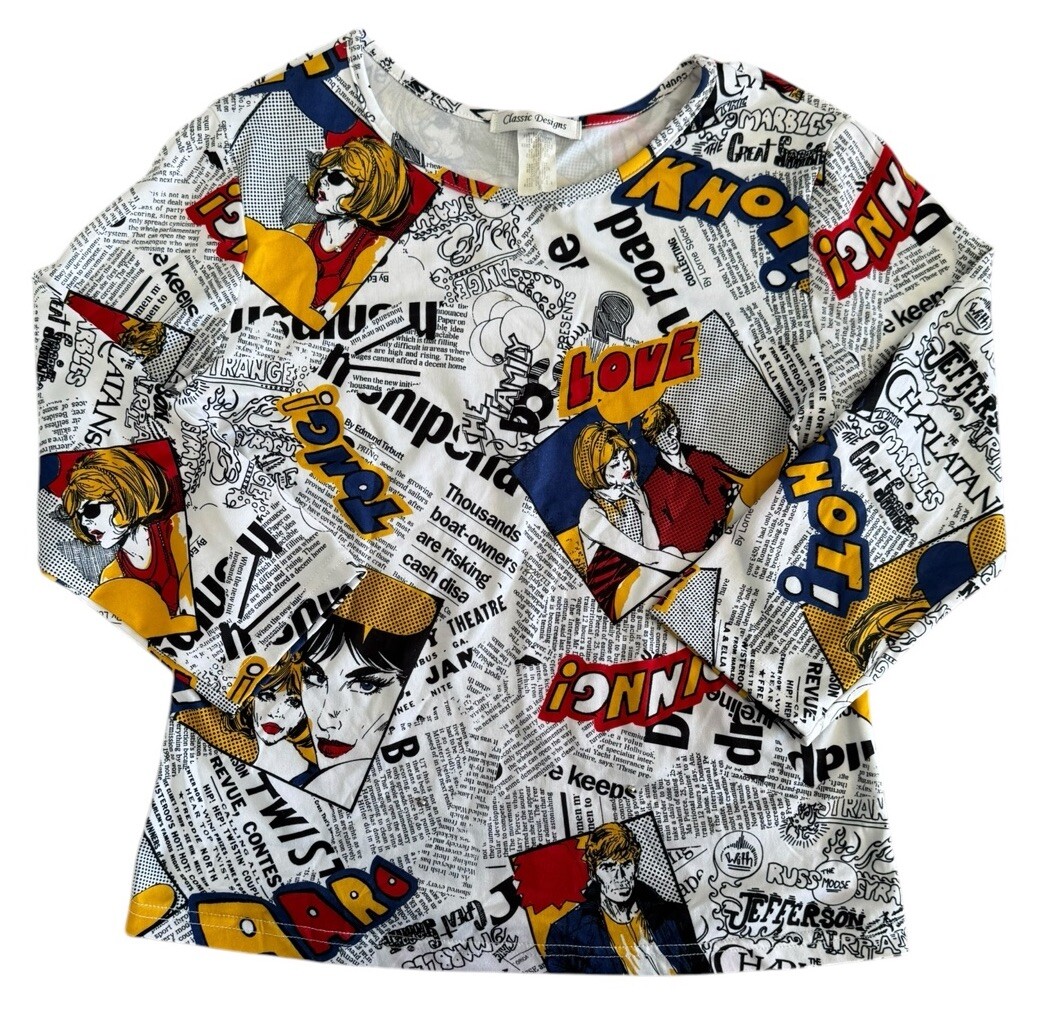 Classic Designs Ladies Comic Blouse size Small Multicolored Vintage 90’s
