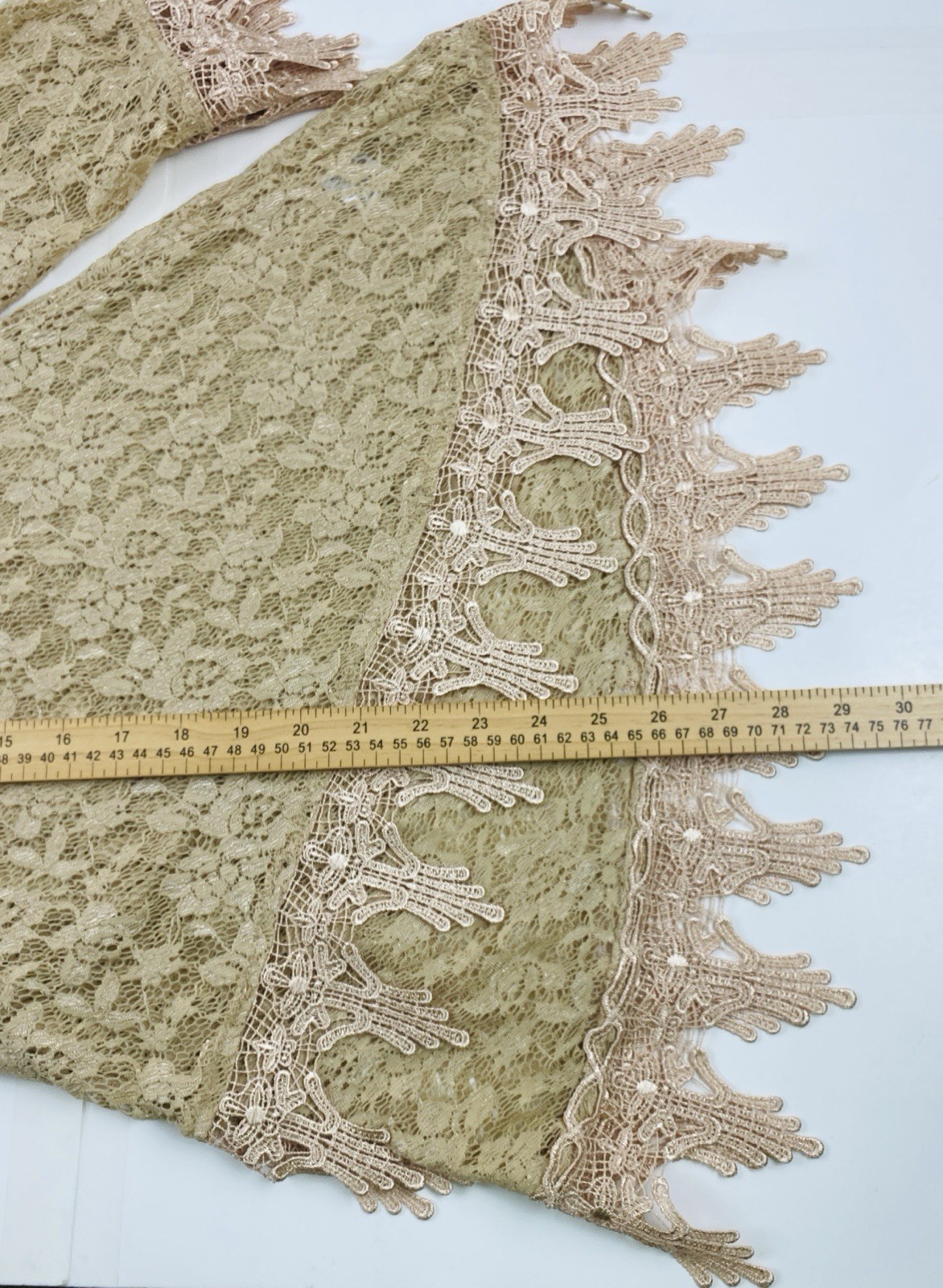 Boho Gold Floral Lace Cardigan Hi/Lo Bell Sleeve Heavy Scalloped Trim Festival L
