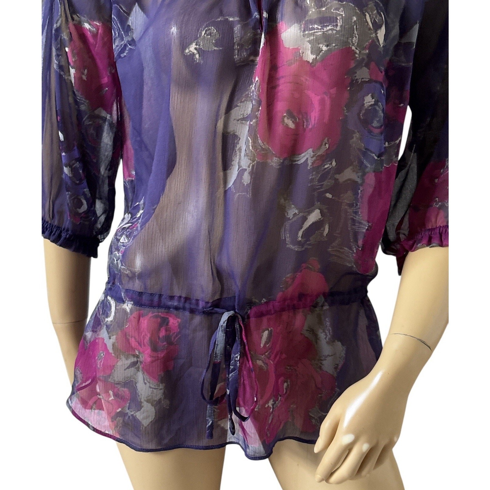 New York & Company Sheer Floral Blouse Womens Small Boho Peasant Tie Waist Top
