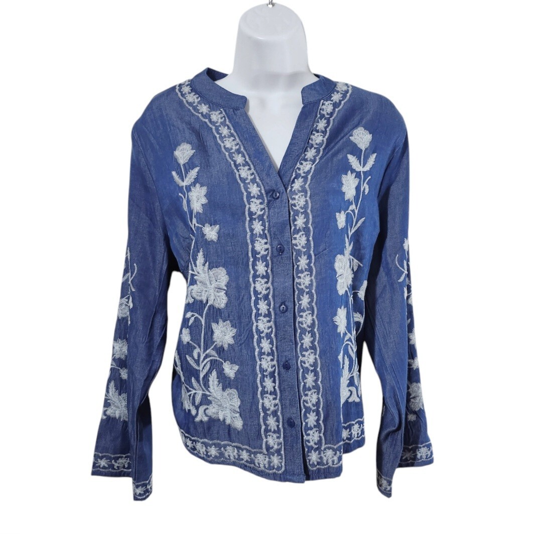 Liv Los Angeles Boho Floral Embroidered Blue Top Womens Size PL