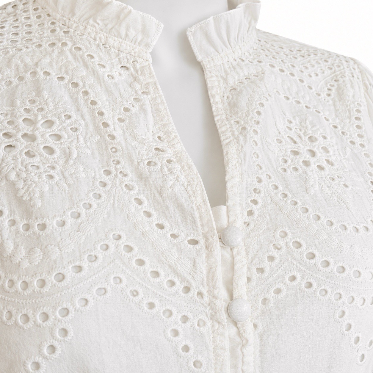 ADIVA White Eyelet Embroidered Cotton Button Up Blouse Ruffle Neck Small