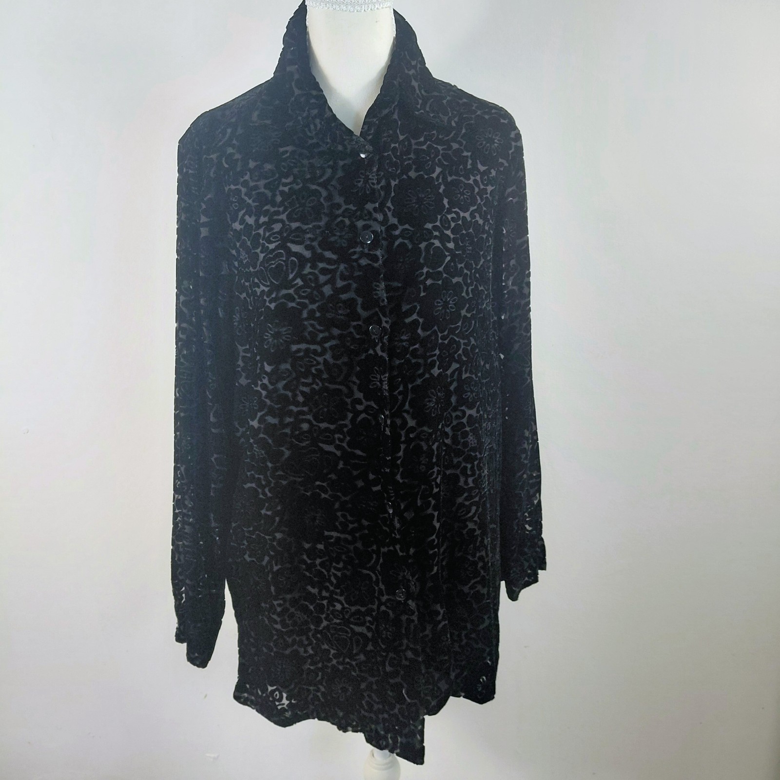 VTG 90s Annie Alexander Black Sheer Velvet Burnout Blouse Shirt Medium Whimsigot