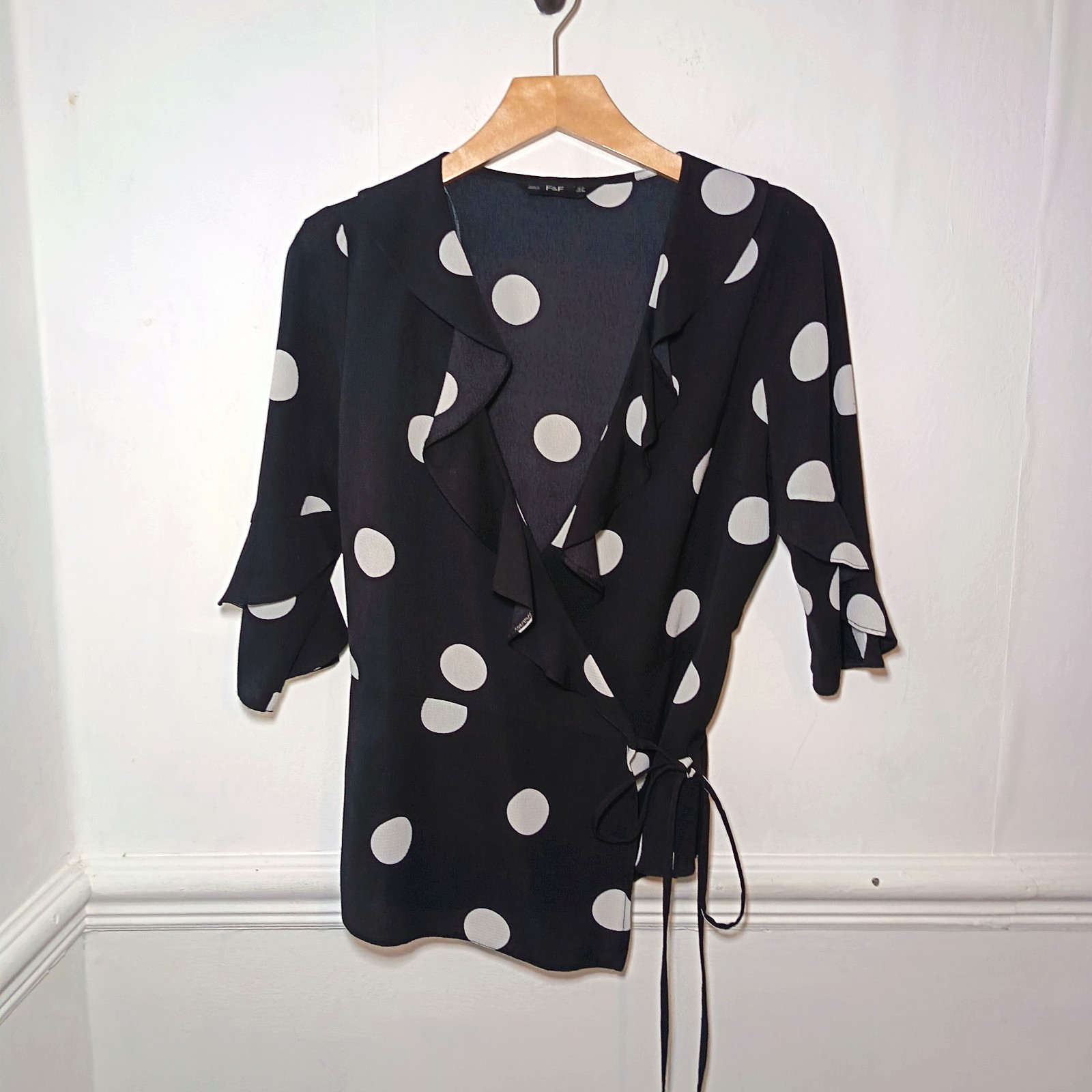 F&F Womens Top Black Size UK 10 Wrap White Polka Dot Ruffle Retro Nautical