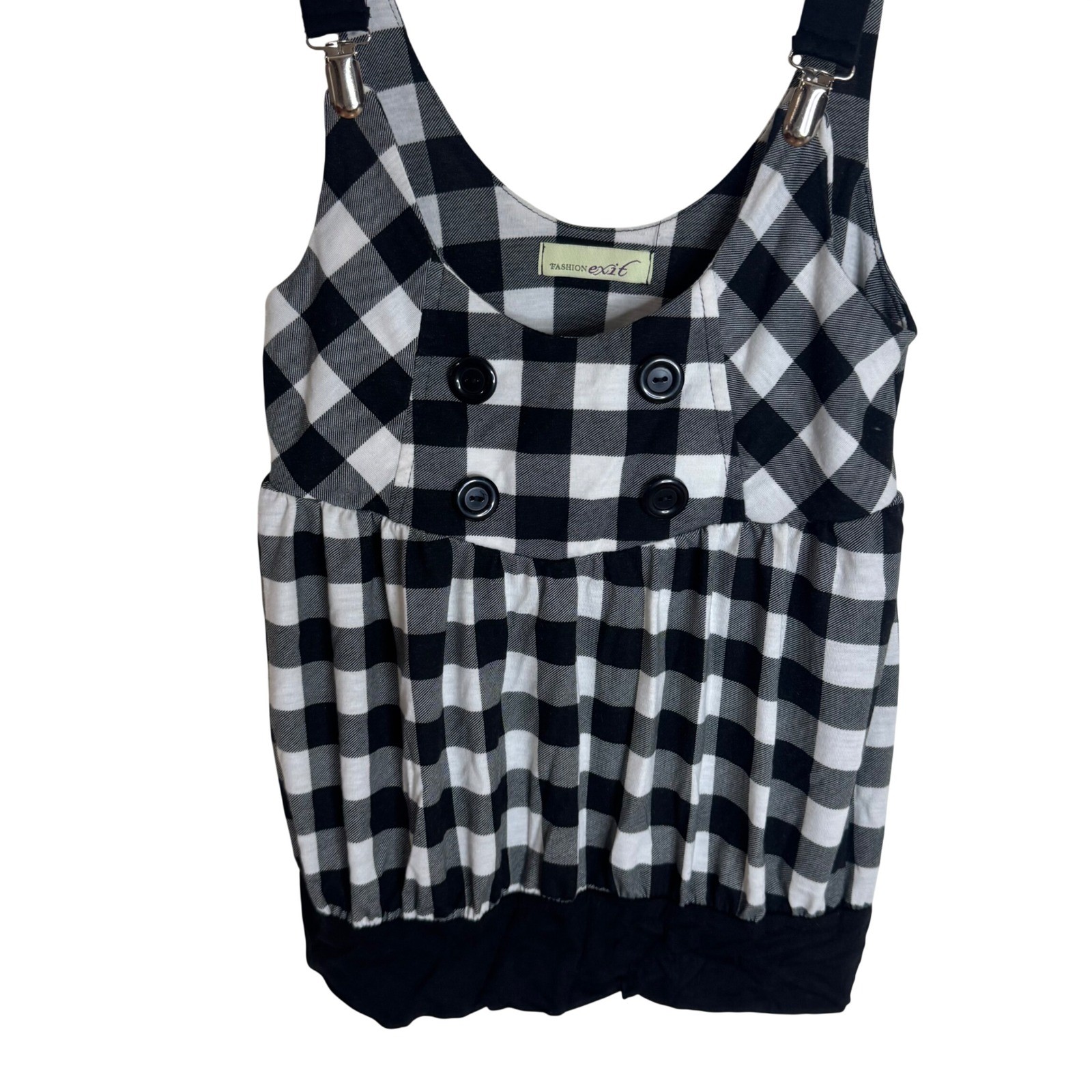 Fashion Exit Women’s Gingham Suspenders Tank Top dress overalls Black White M