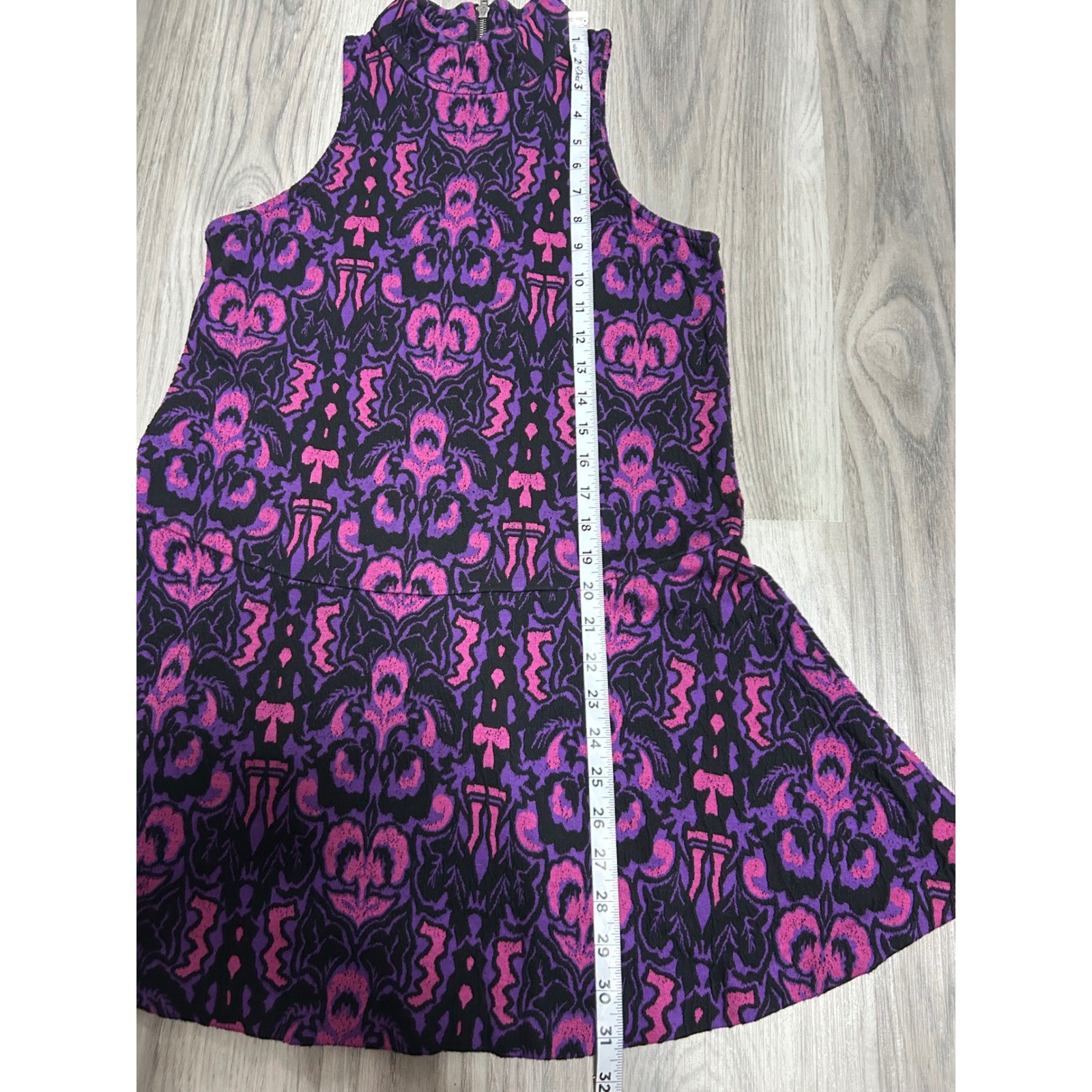 Free People Purple Pink Damask Ikat Mock Neck Drop Waist Tunic top mini dress XS