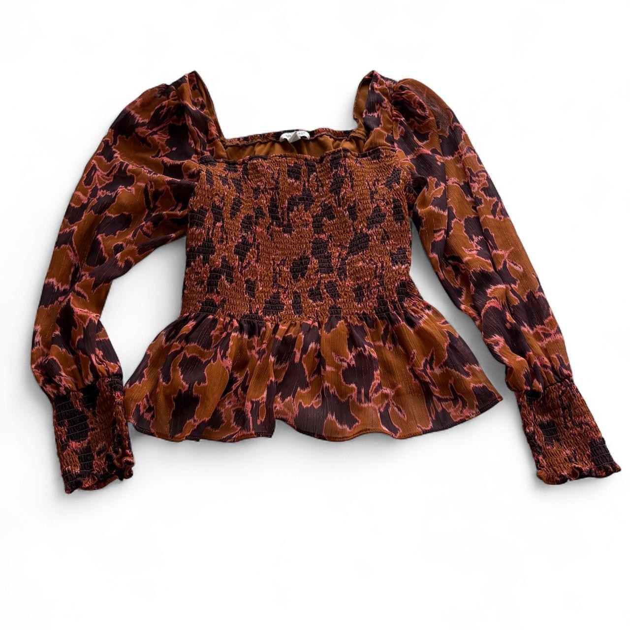 Nine West Brown Glitter Pink Smocked Peplum Long Sleeve Blouse Size XL