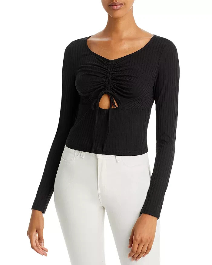 Aqua L60057 Womens Black Ribbed Cut-out Pullover Top Size S