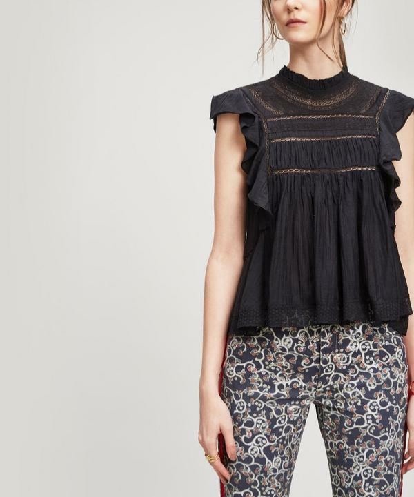 Isabel Marant Etoile Vivia Top Black Mock Neck Lace Trim Ruffle Embroid Womens S