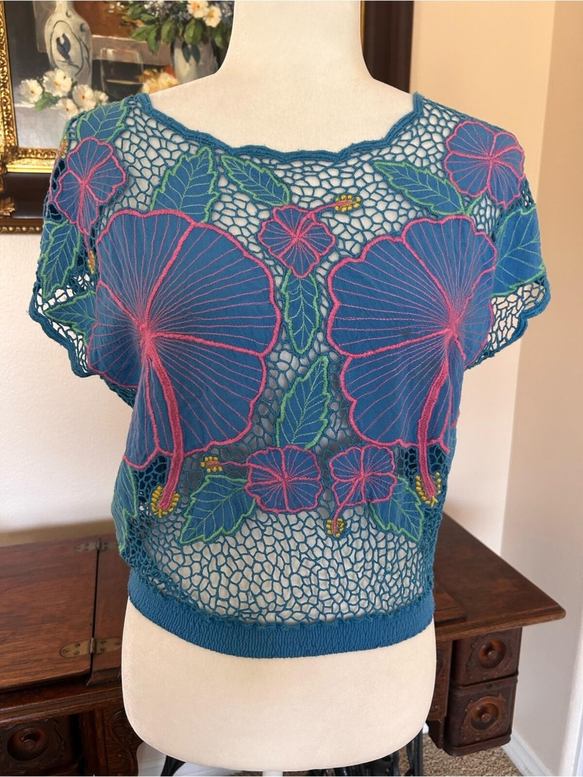 Vintage Blue Floral Embroidered Cut Work Crochet Top