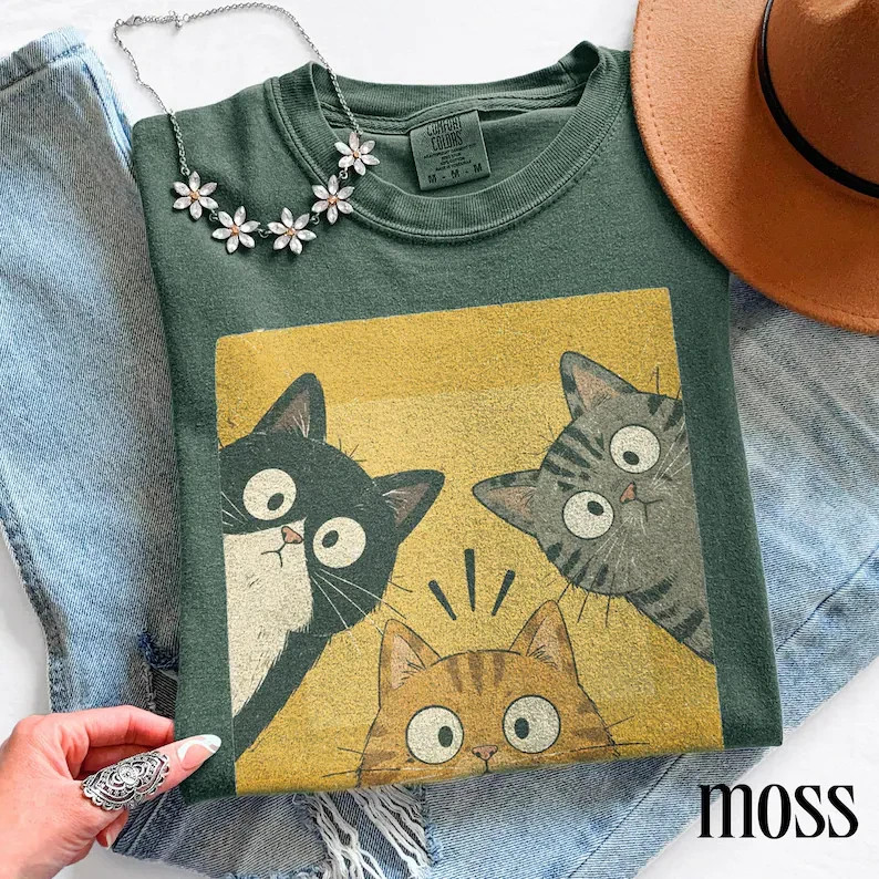 Vintage Funny Curious Cats Graphic Tee, Cute Cat Lover Shirt, Whimsical Retro Ae