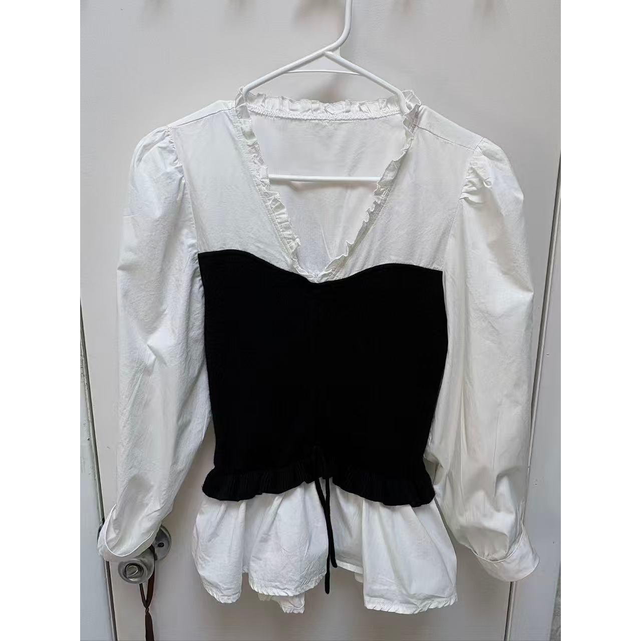 Womens Black White 2 in 1 Corset Top Ruffle V-Neck Puff Sleeve Peplum Blouse XS