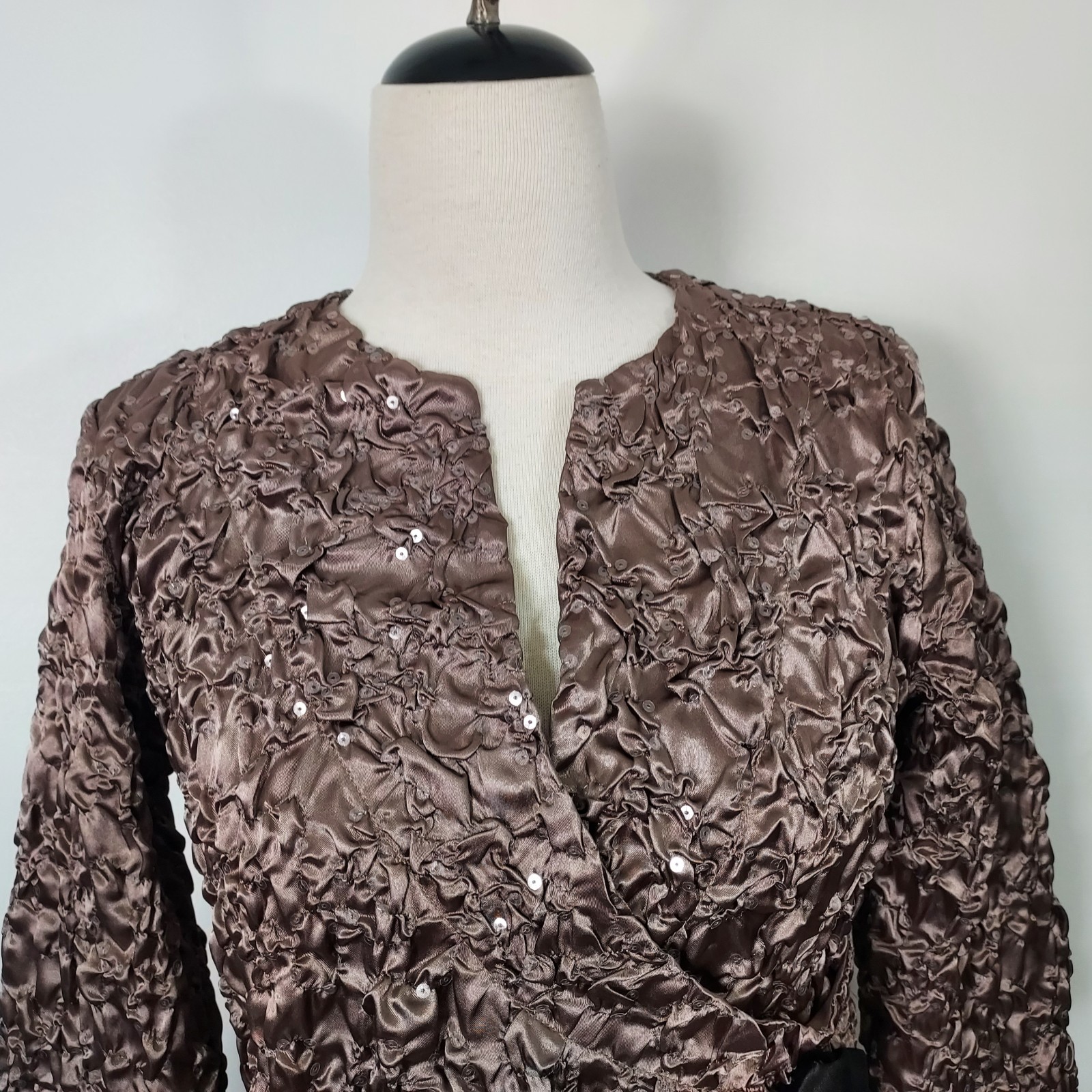 Cachet Evening Wear Top Sequin Faux Wrap Party Formal Women Size Small Brown