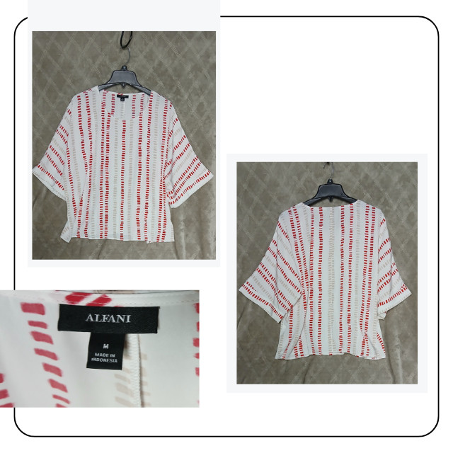 Alfani Blouse Womens Medium White Red Stripe Kimono Sleeve Oversized Relaxed Top